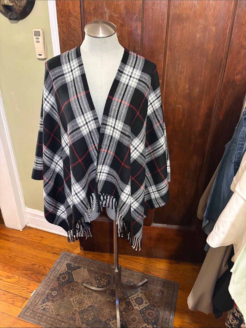 Plaid Fringe Open Front Poncho - Black, White & Red